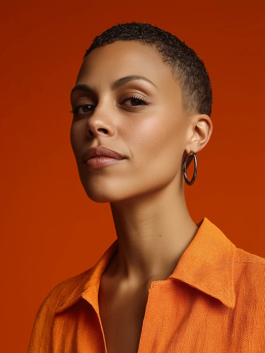A striking portrait of a model for the Marrakech Oil brand campaign, with a vibrant orange background reflecting the brand's bold energy.