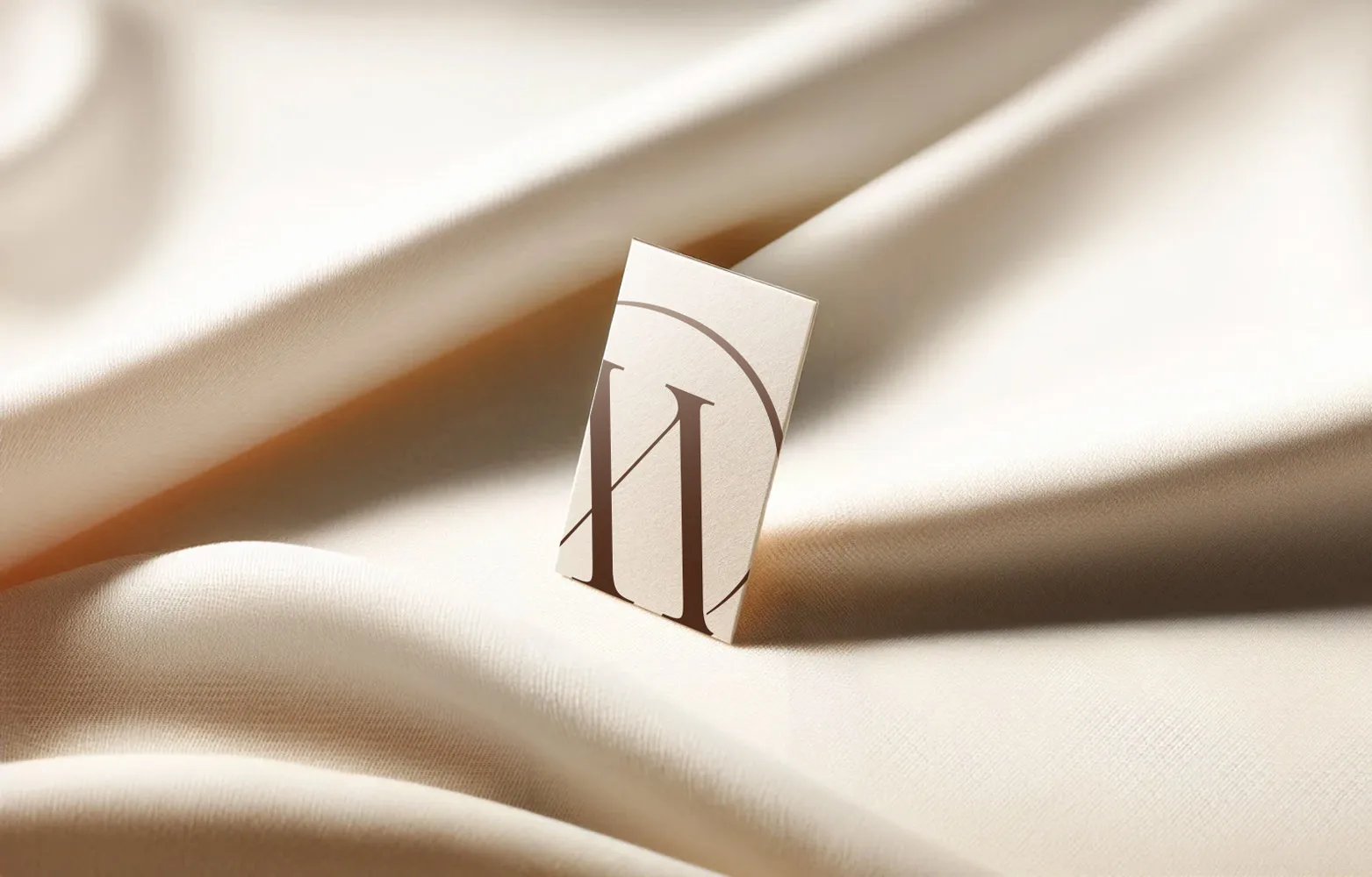 A close-up of a Marrakech Oil branded card resting on luxurious silk fabric, highlighting the elegant logo design for the beauty brand.
