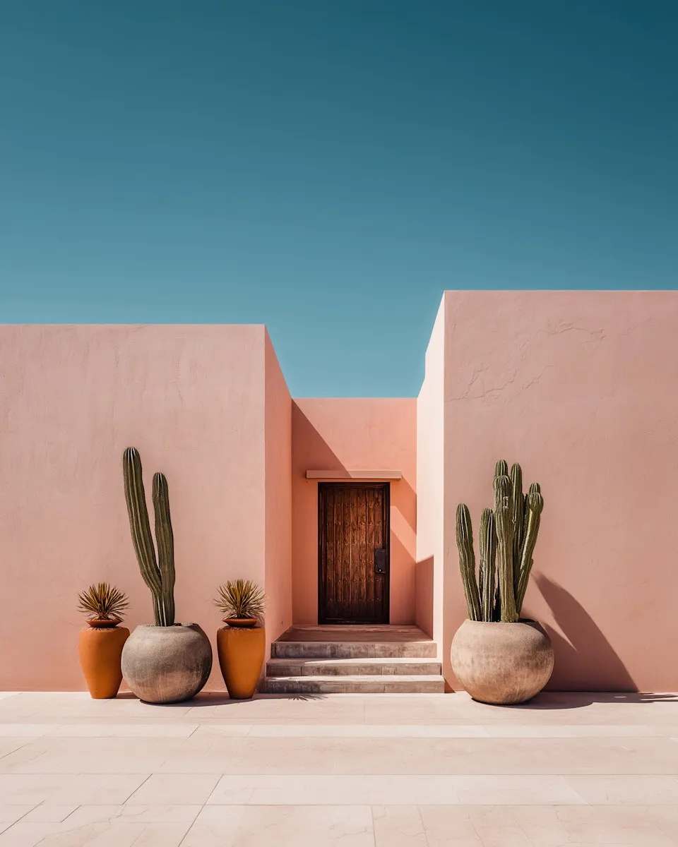 Architectural inspiration for the Marrakech Oil brand, showing a warm, pink-toned building with cacti, reflecting a modern Moroccan aesthetic.